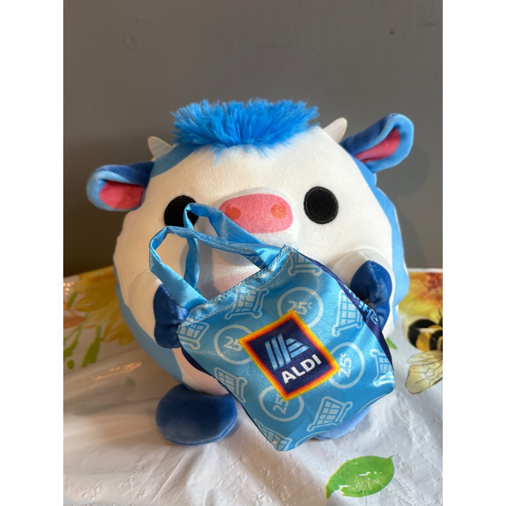 Aldi Play Zuru Blue White Cow Plush with Mini Aldi Shopping Bag 25th Anniversary